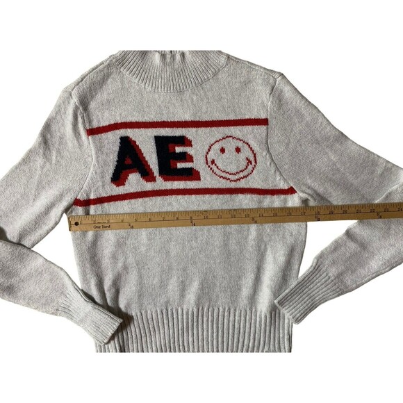 New! American Eagle Smiley  Mockneck Sweater gray Marled Blue Red Logo Women's M - Picture 9 of 15